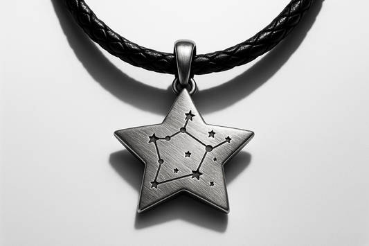 Star-shaped silver pendant with constellation engraving on black braided leather