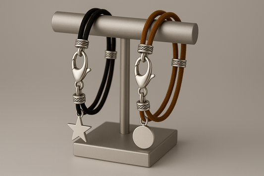Suede leather bracelets with two very thin layers per bracelet, featuring silver hardware and charms