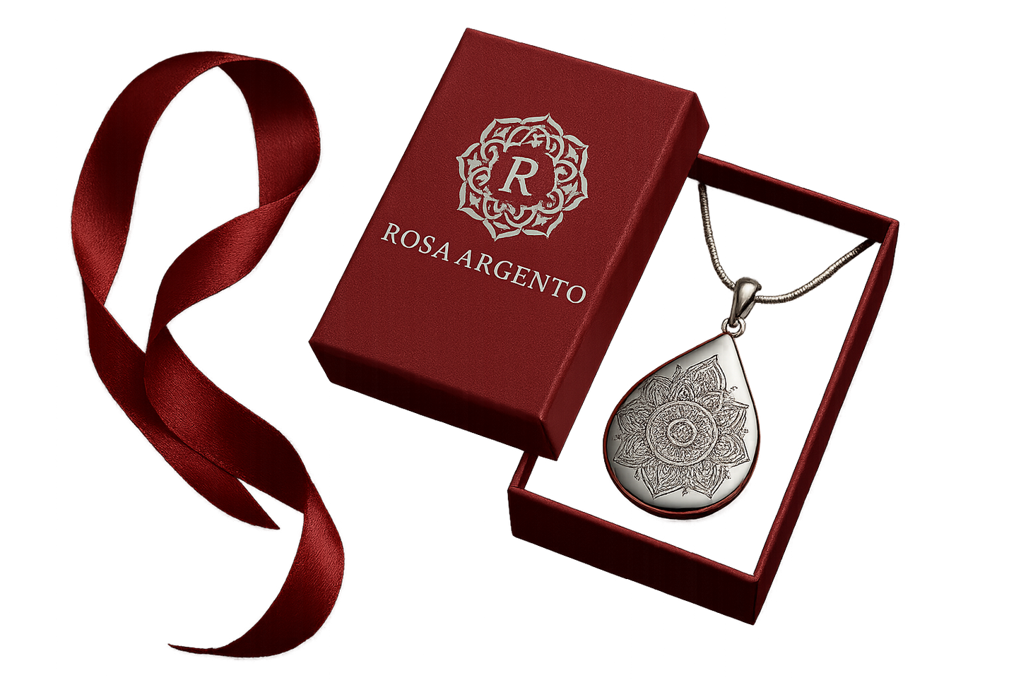 Teardrop mandala pendant in Rosa Argento packaging