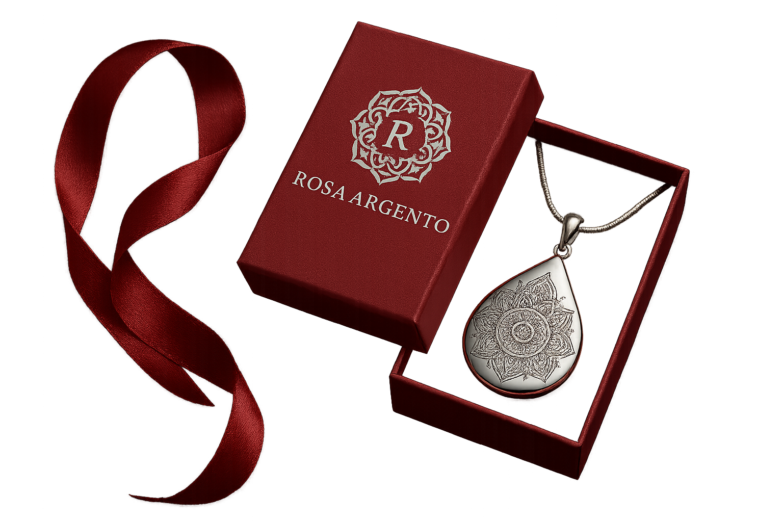 Teardrop mandala pendant in Rosa Argento packaging