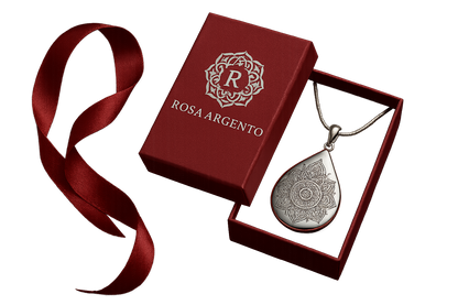 Teardrop mandala pendant in Rosa Argento packaging