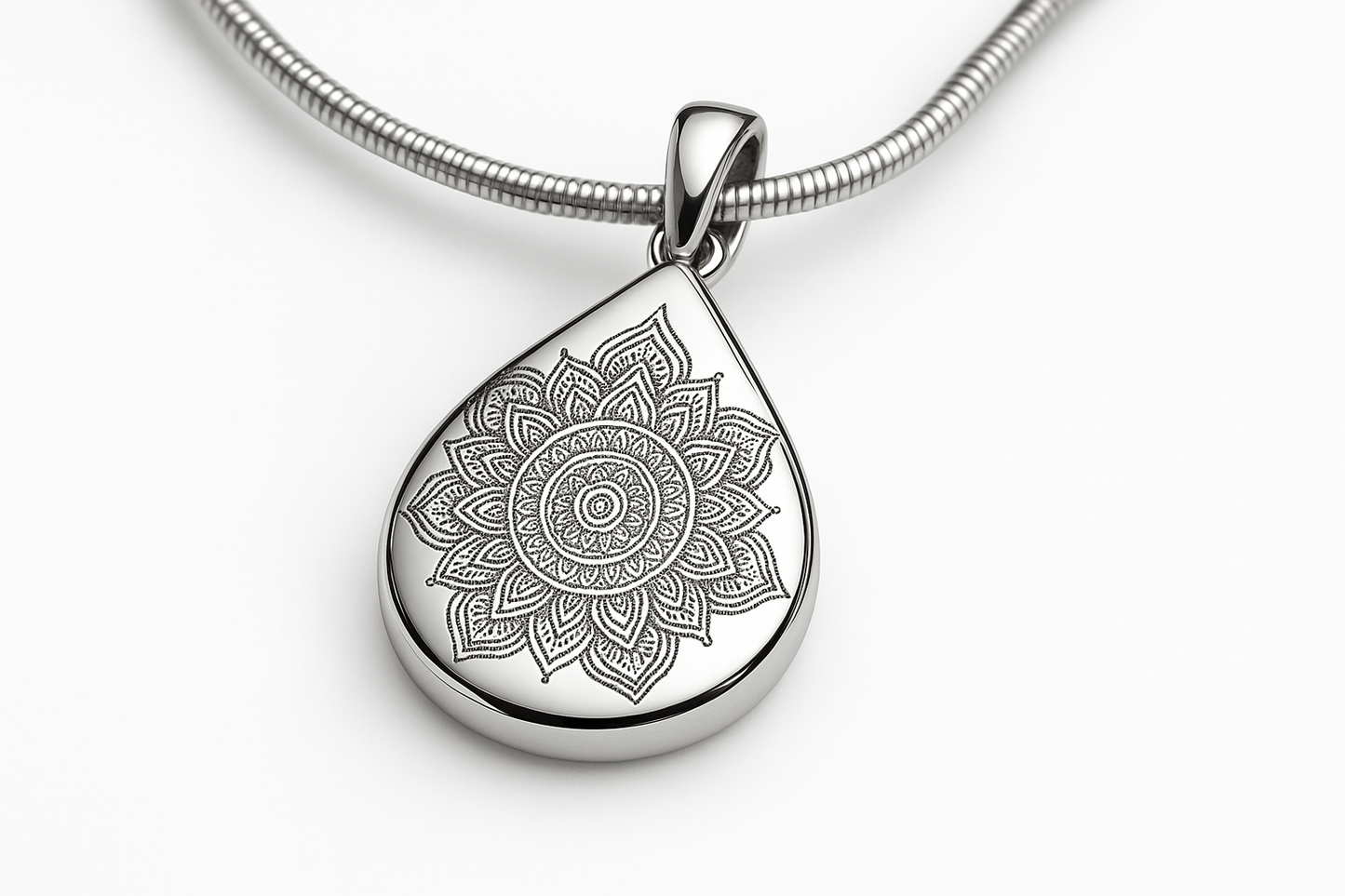 Teardrop mandala pendant three-quarter angle
