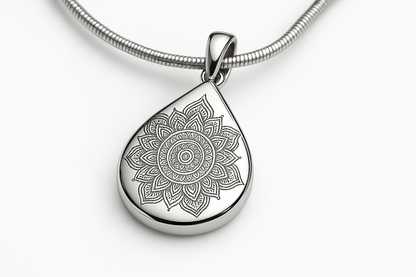 Teardrop mandala pendant three-quarter angle