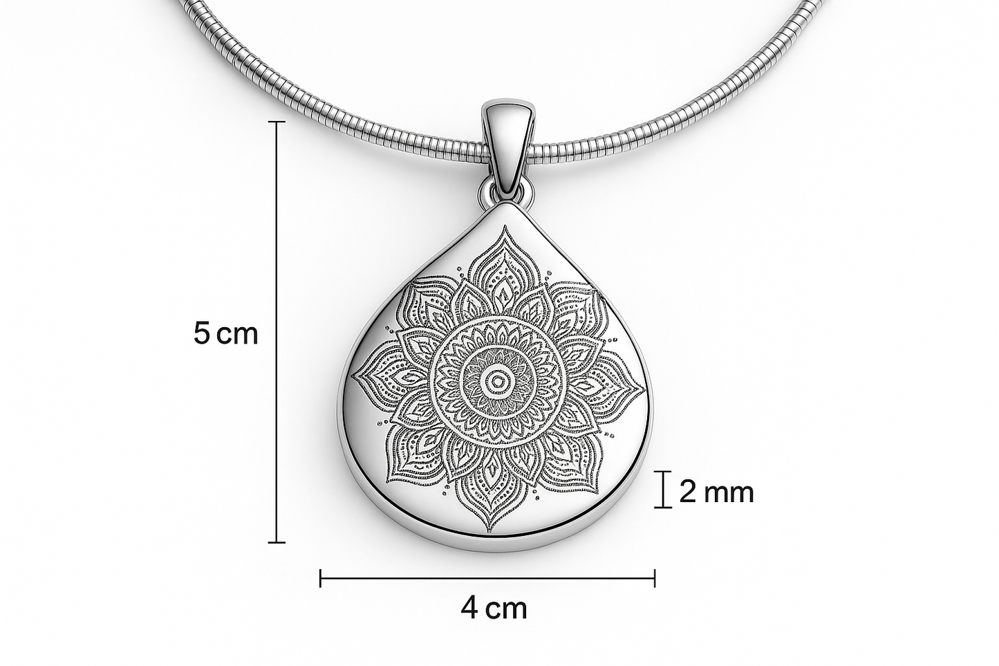 Teardrop mandala pendant with measurements - 5cm length, 4cm width, 2mm thickness