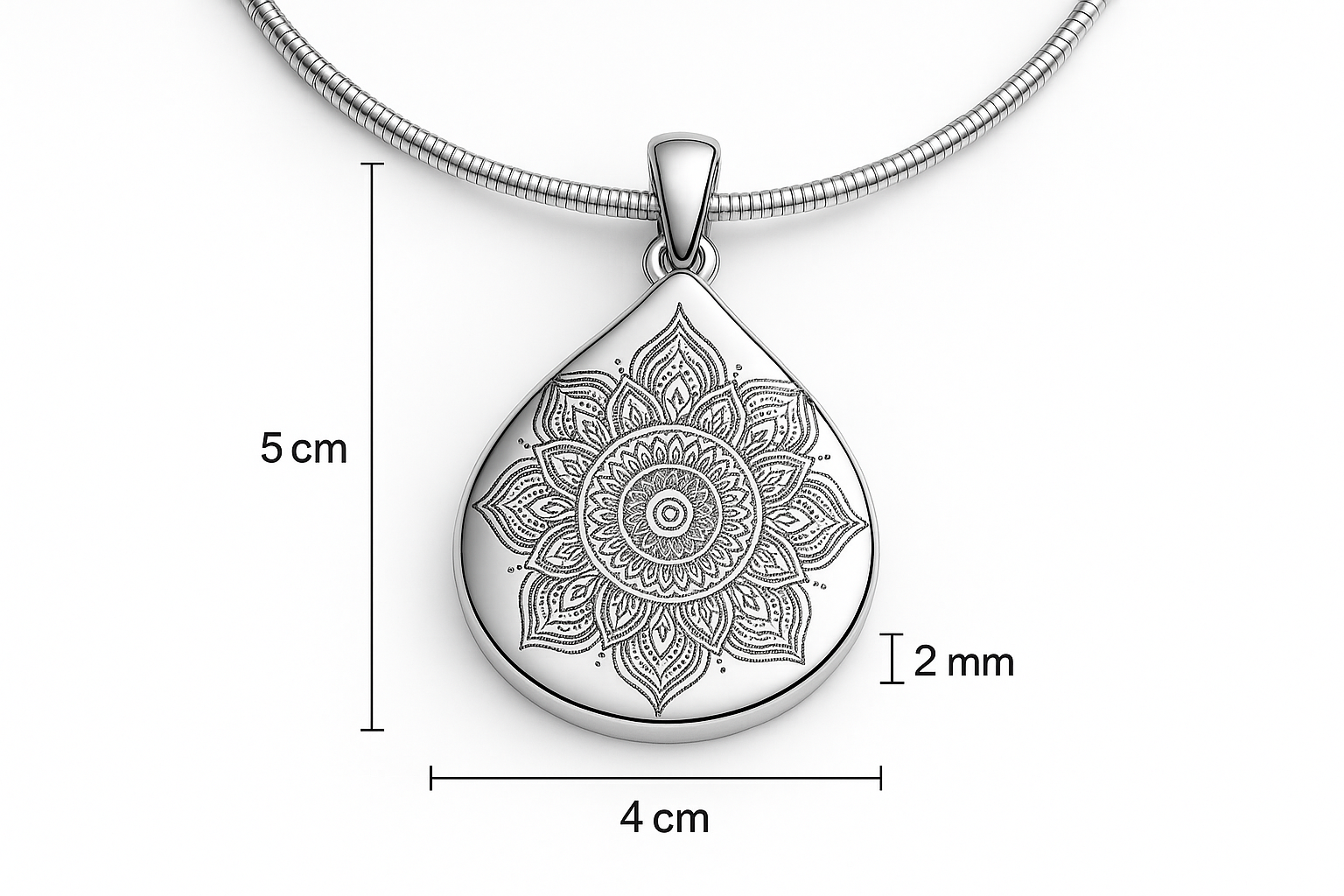 Teardrop mandala pendant with measurements - 5cm length, 4cm width, 2mm thickness