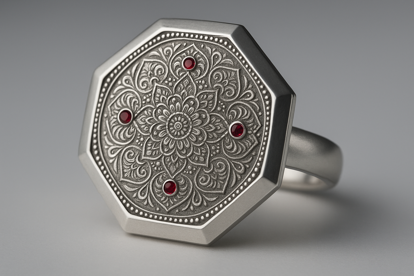 Thin octagonal silver ring with mandala engravings and ruby stones