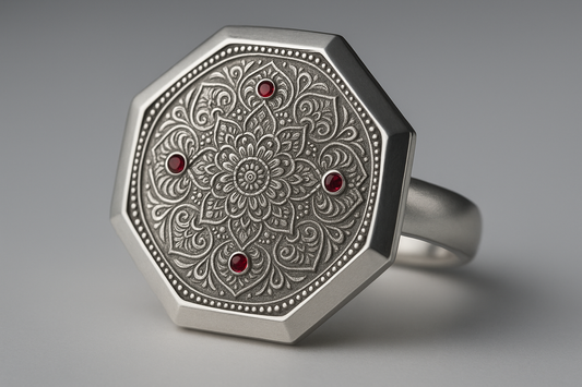 Thin octagonal silver ring with mandala engravings and ruby stones