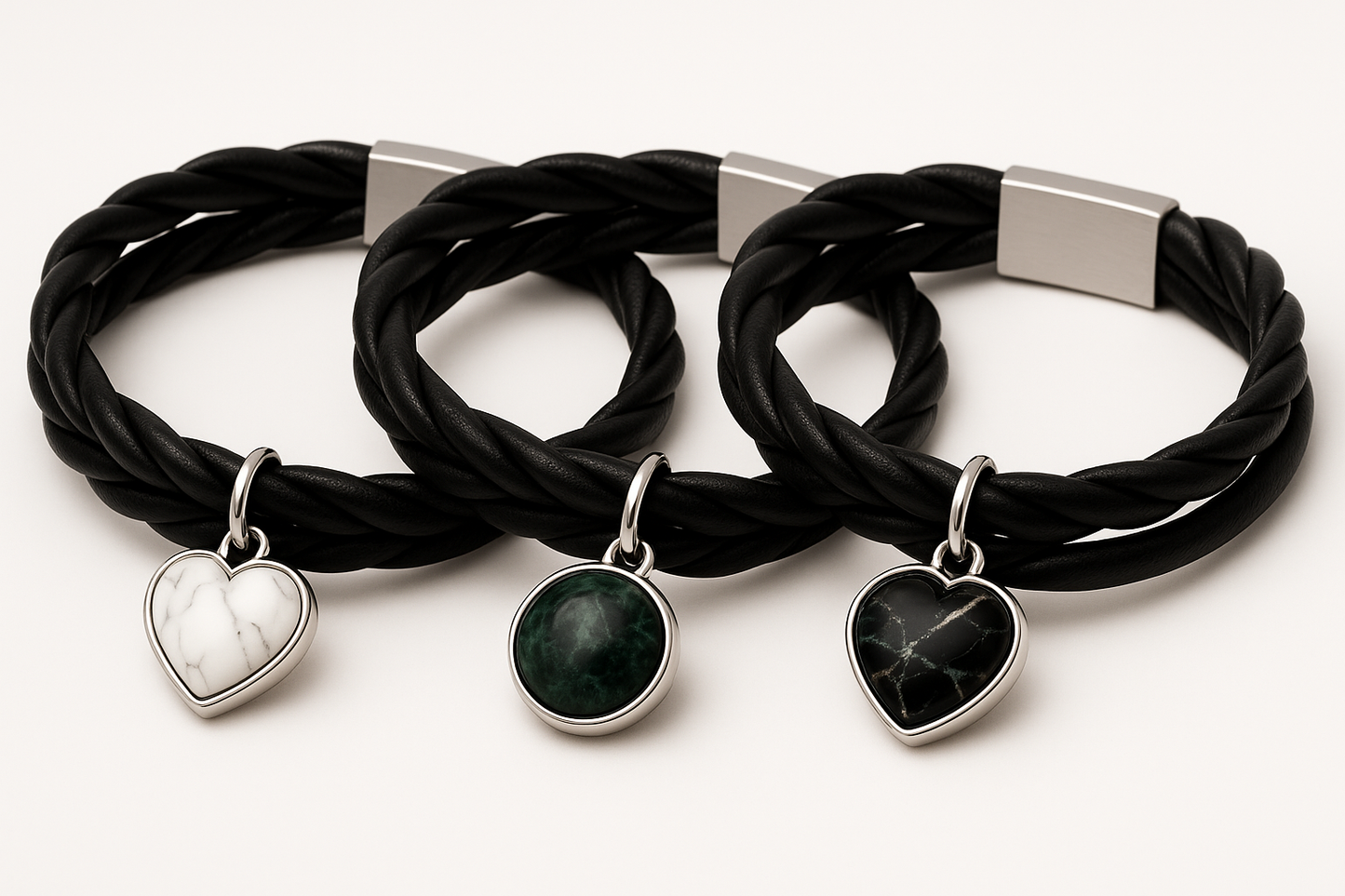 Three black leather bracelets with different colored marble stone pendants