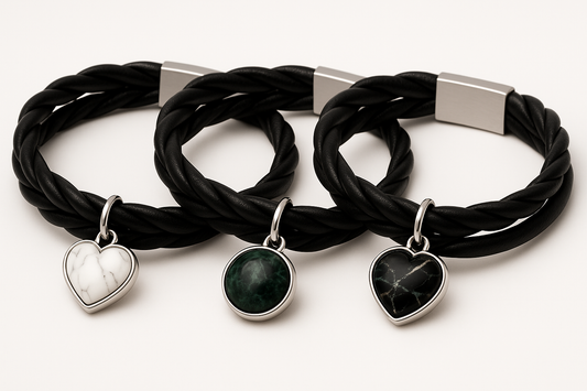 Three black leather bracelets with different colored marble stone pendants