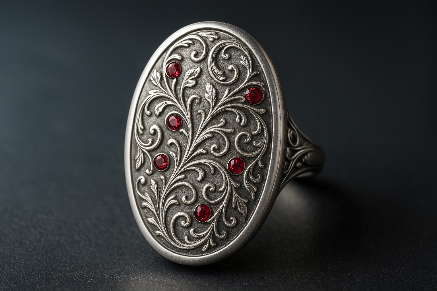 Vine pattern engraved oval silver ring with ruby stones