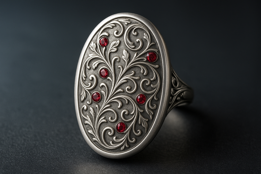 Vine pattern engraved oval silver ring with ruby stones