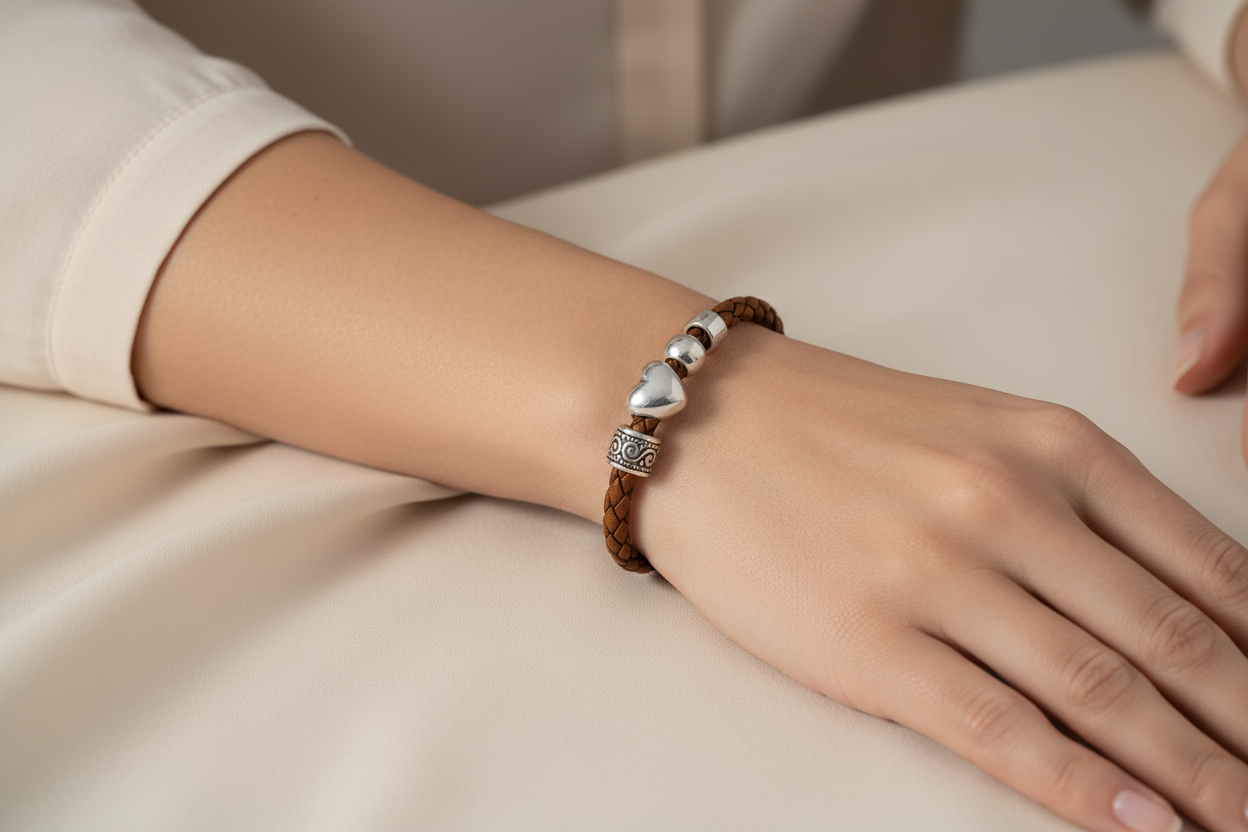 Woman wearing brown leather bracelet with silver charms