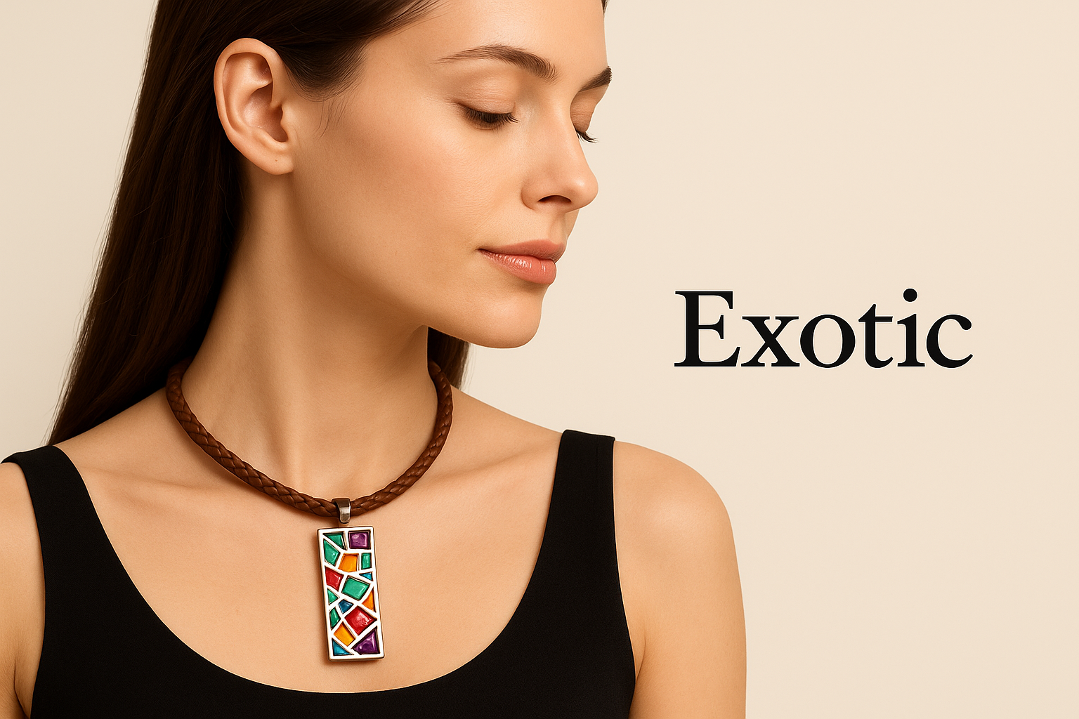 Woman wearing Exotic mosaic pendant necklace in sideways pose