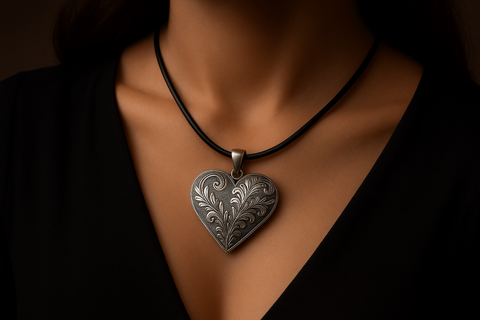 Rosa Argento Silver Heart Pendant - Handcrafted 925 Sterling Silver with Engraved Floral Patterns S201525 - Rosa argento