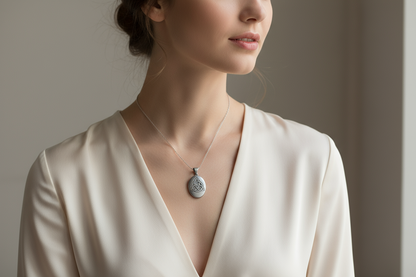 Woman wearing silver Celtic knot pendant