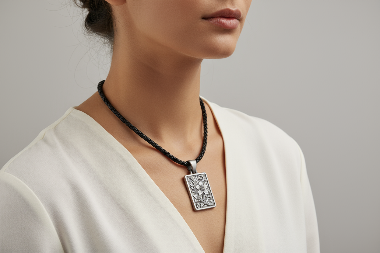 Woman wearing silver Psr23 pendant necklace