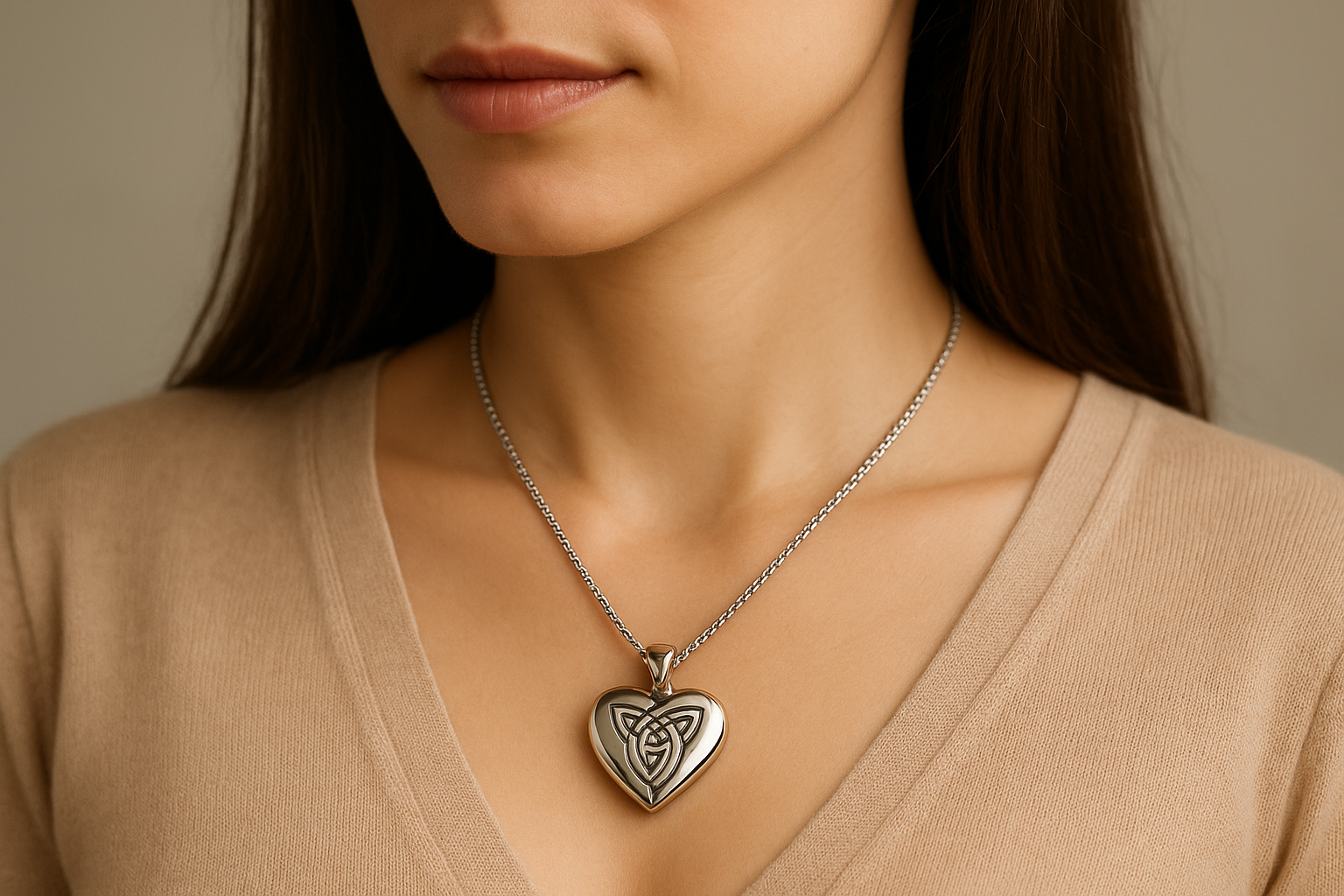 Woman wearing the Celtic heart pendant