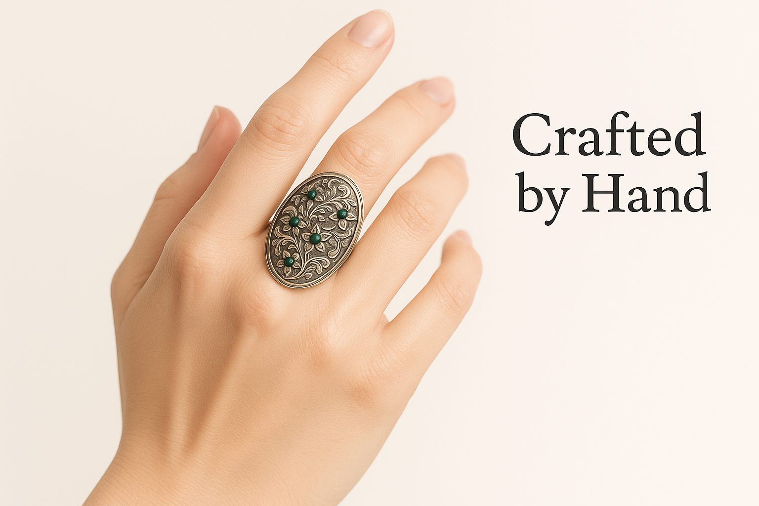Woman's hand wearing Crafted by Hand engraved silver ring in different pose